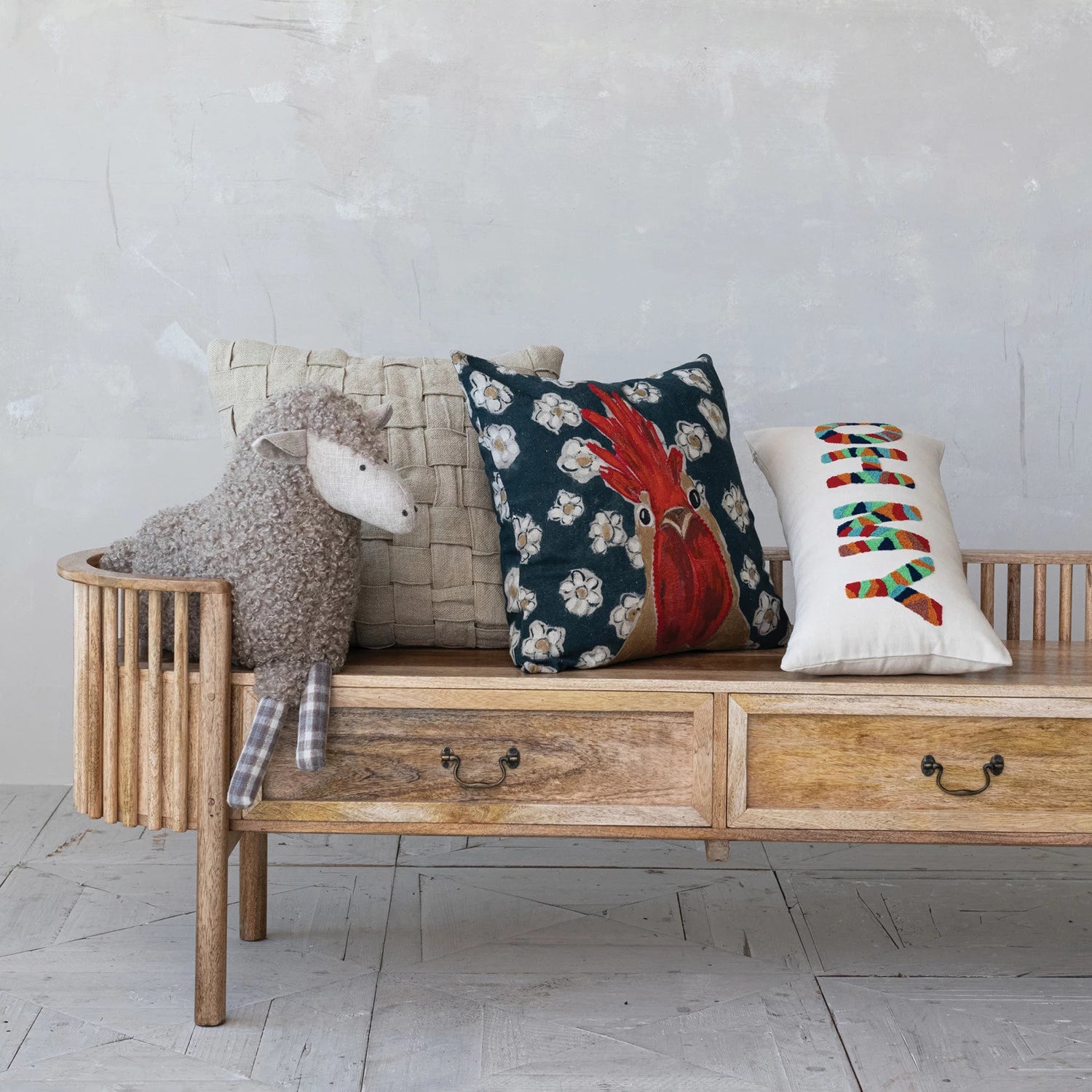 Square Woven Jute & Cotton Basket Weave Pillow, Feathered Farmhouse