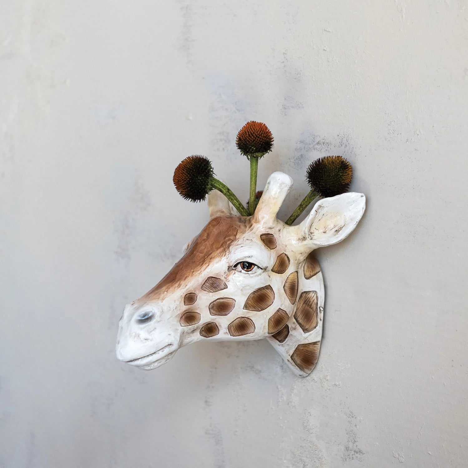 Resin Giraffe Head Wall Vase, Feathered Farmhouse