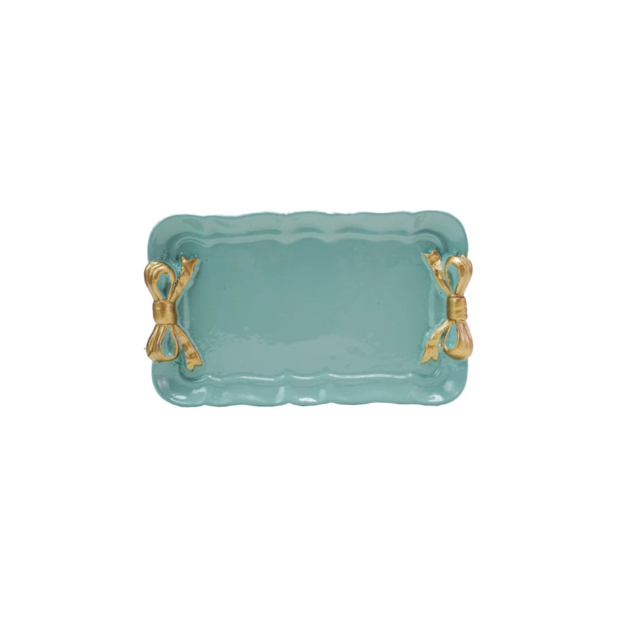 Metal Tray with Gold Finish Bows, Feathered Farmhouse