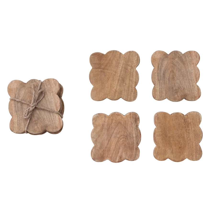 Mango Wood Scalloped Coasters, Feathered Farmhouse
