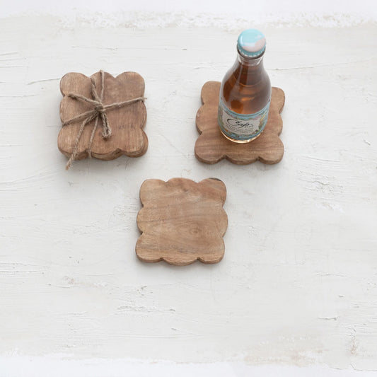 Mango Wood Scalloped Coasters, Feathered Farmhouse
