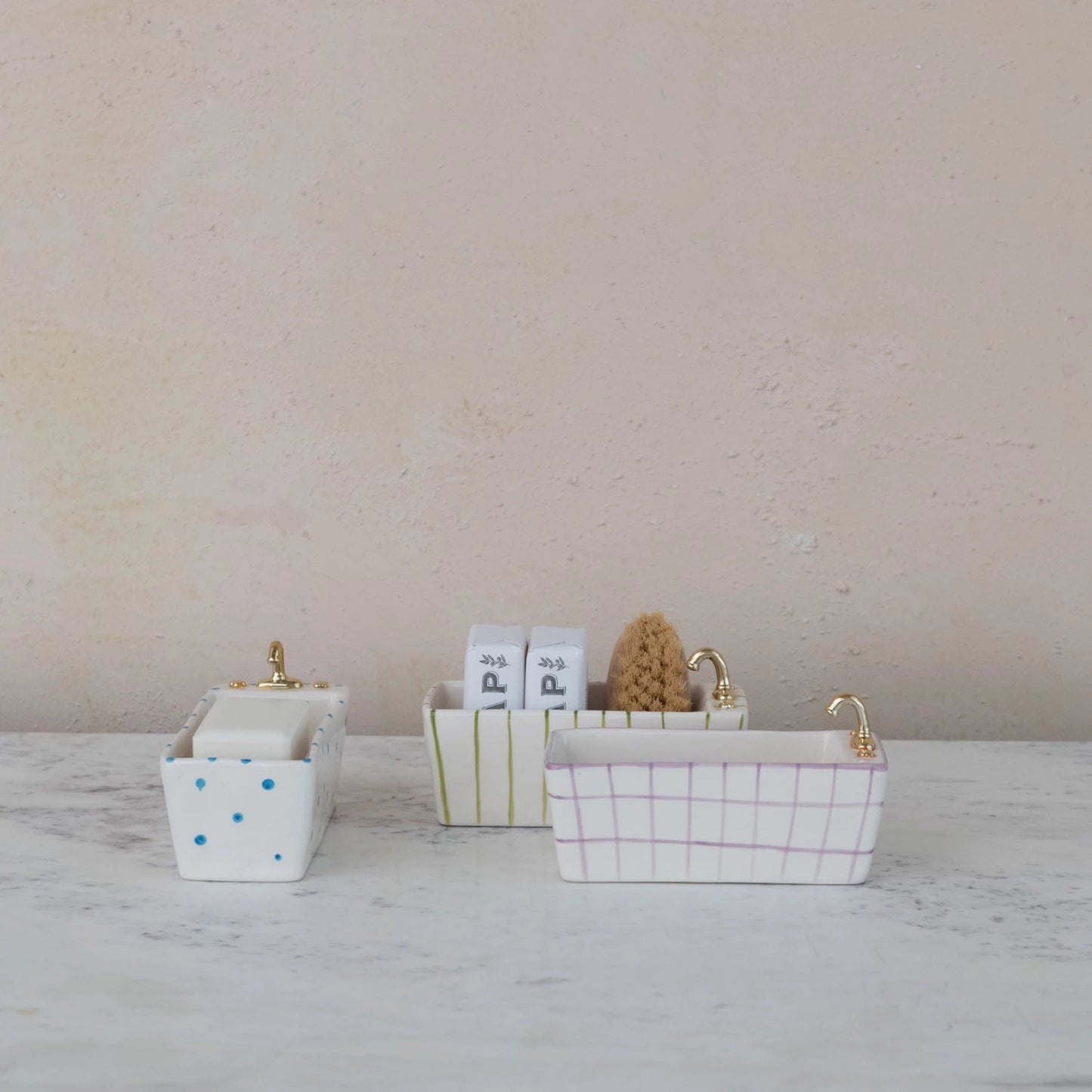 Hand-Painted Stoneware Bathtub Dish, Feathered Farmhouse