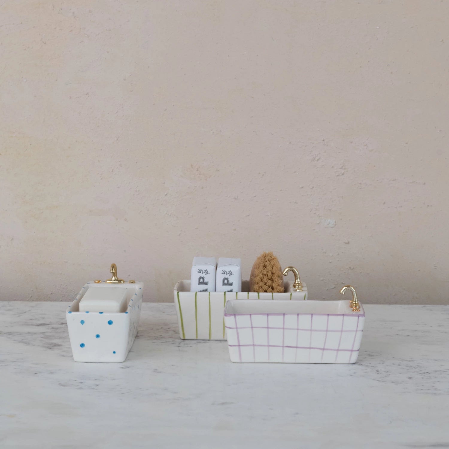 Hand-Painted Stoneware Bathtub Dish, Feathered Farmhouse