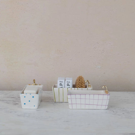 Hand-Painted Stoneware Bathtub Dish, Feathered Farmhouse