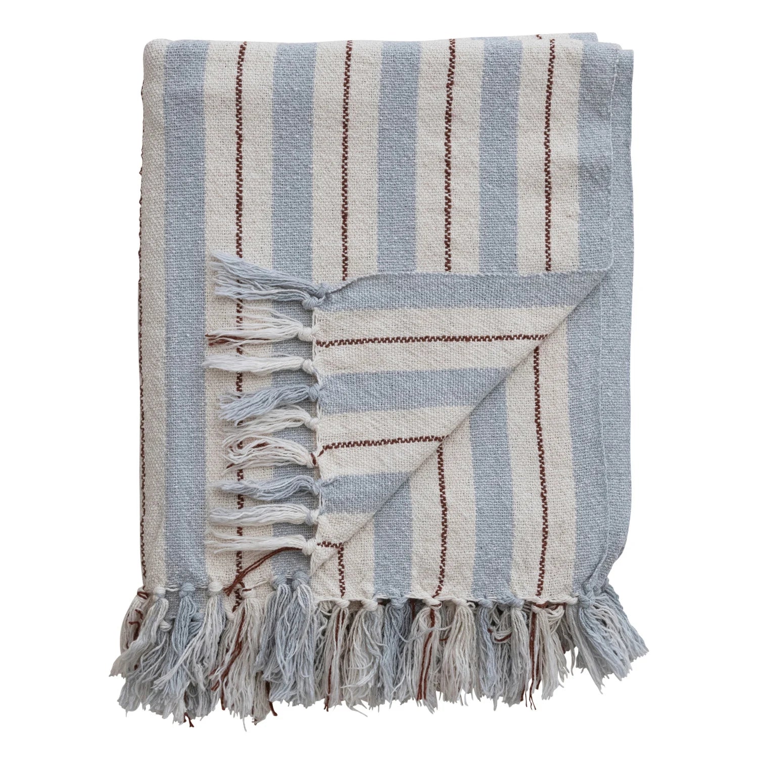 Cotton Blend Striped Throw with Fringe, Feathered Farmhouse