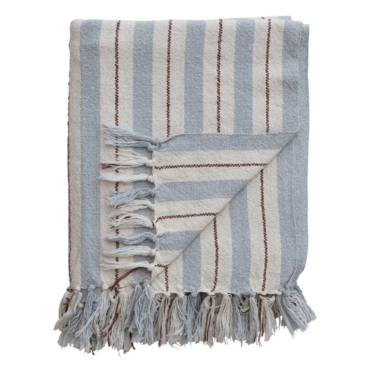 Cotton Blend Striped Throw with Fringe, Feathered Farmhouse