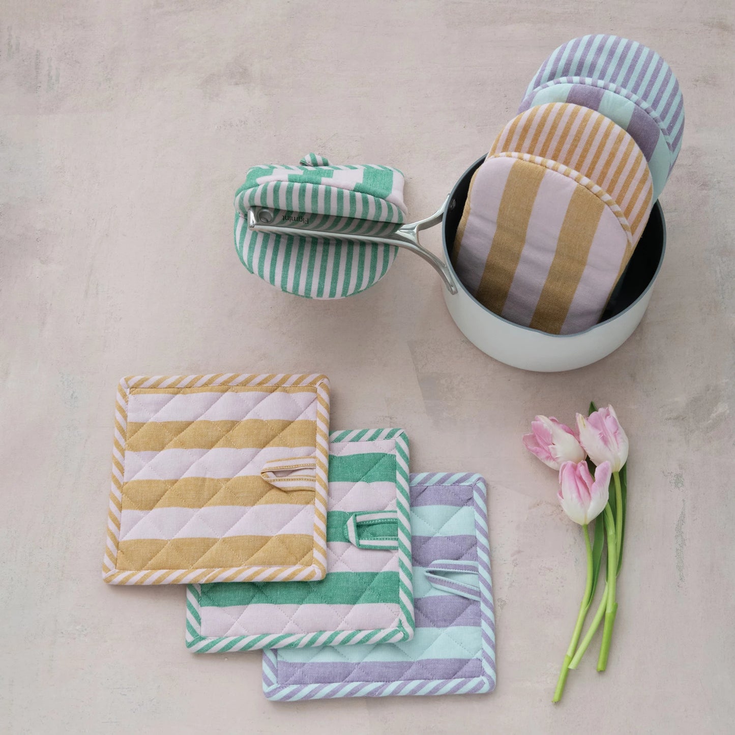 Woven Cotton Striped Oven Mitt, Feathered Farmhouse