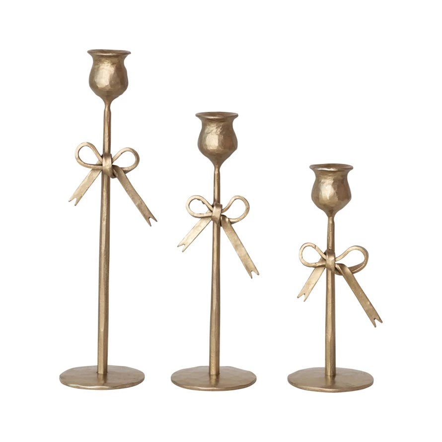 Hand-Forged Iron Taper Holders with Bow, Feathered Farmhouse