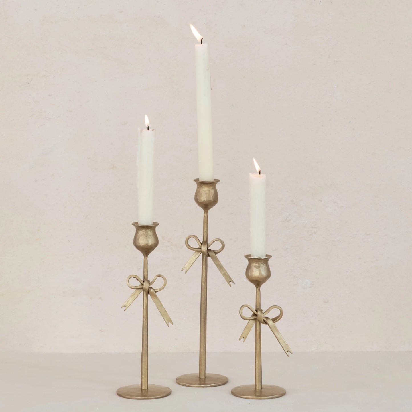 Hand-Forged Iron Taper Holders with Bow, Feathered Farmhouse