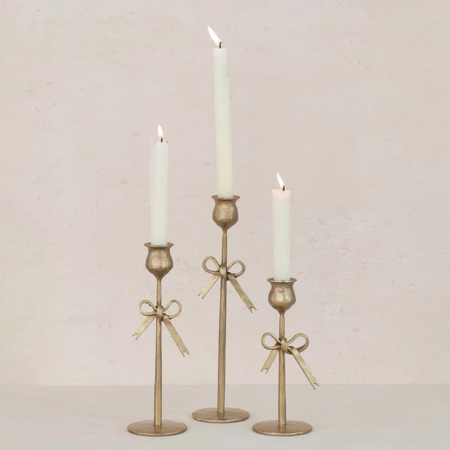 Hand-Forged Iron Taper Holders with Bow, Feathered Farmhouse