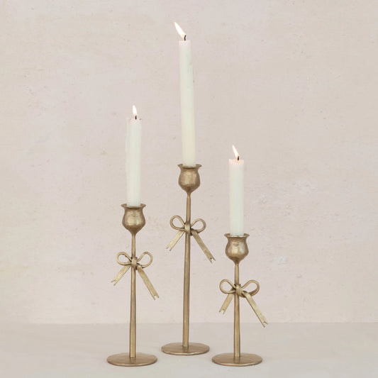 Hand-Forged Iron Taper Holders with Bow, Feathered Farmhouse