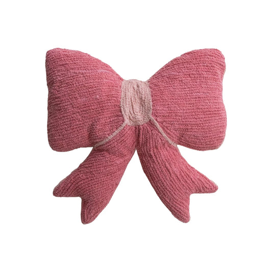 Pink Cotton Chenille Bow Pillow, Feathered Farmhouse