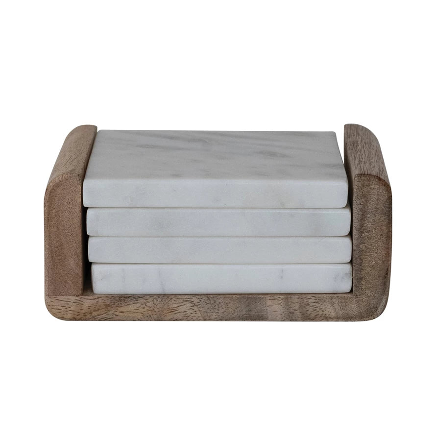 Marble Coasters with Mango Wood Holder, Feathered Farmhouse