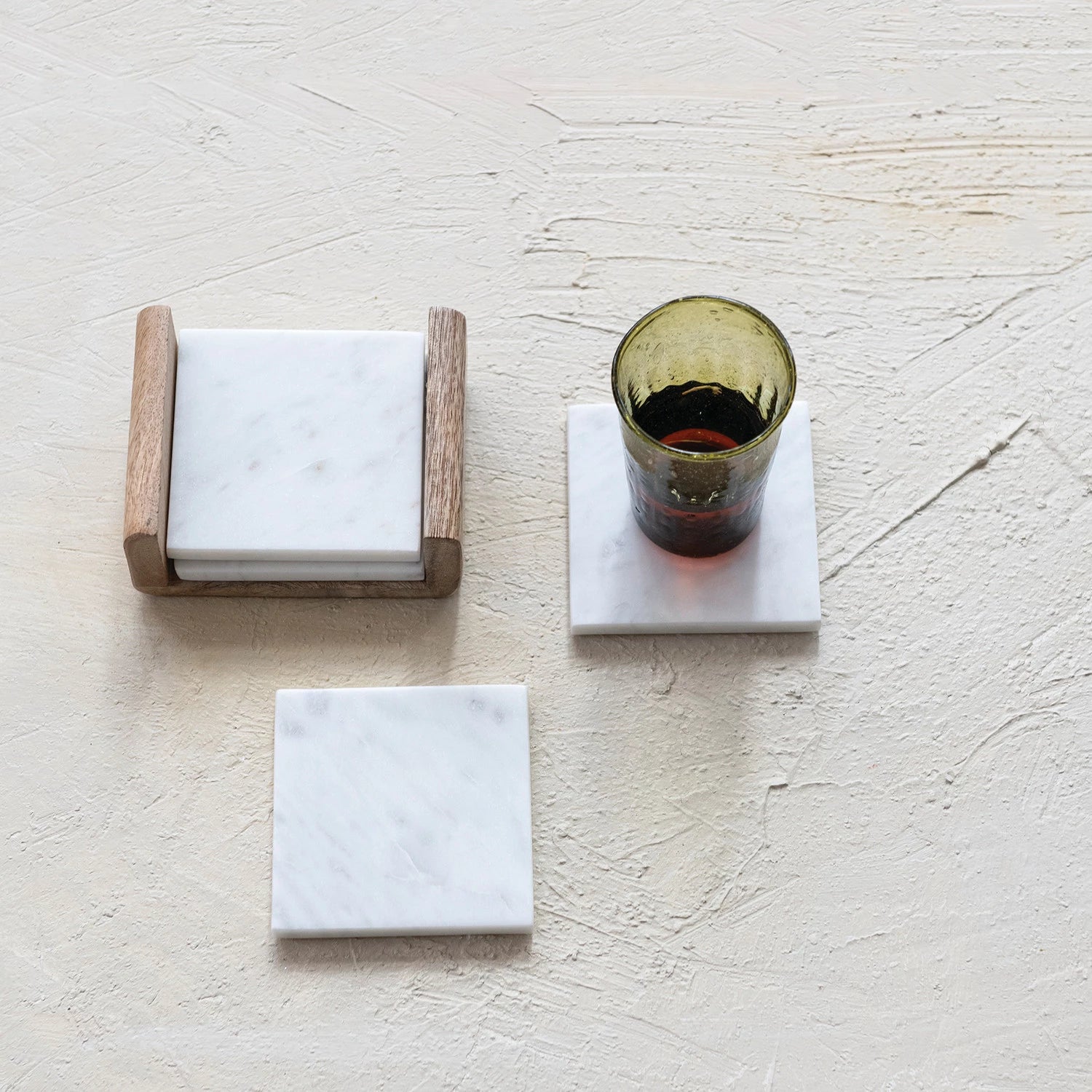 Marble Coasters with Mango Wood Holder, Feathered Farmhouse