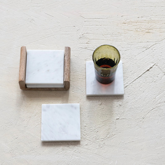 Marble Coasters with Mango Wood Holder, Feathered Farmhouse