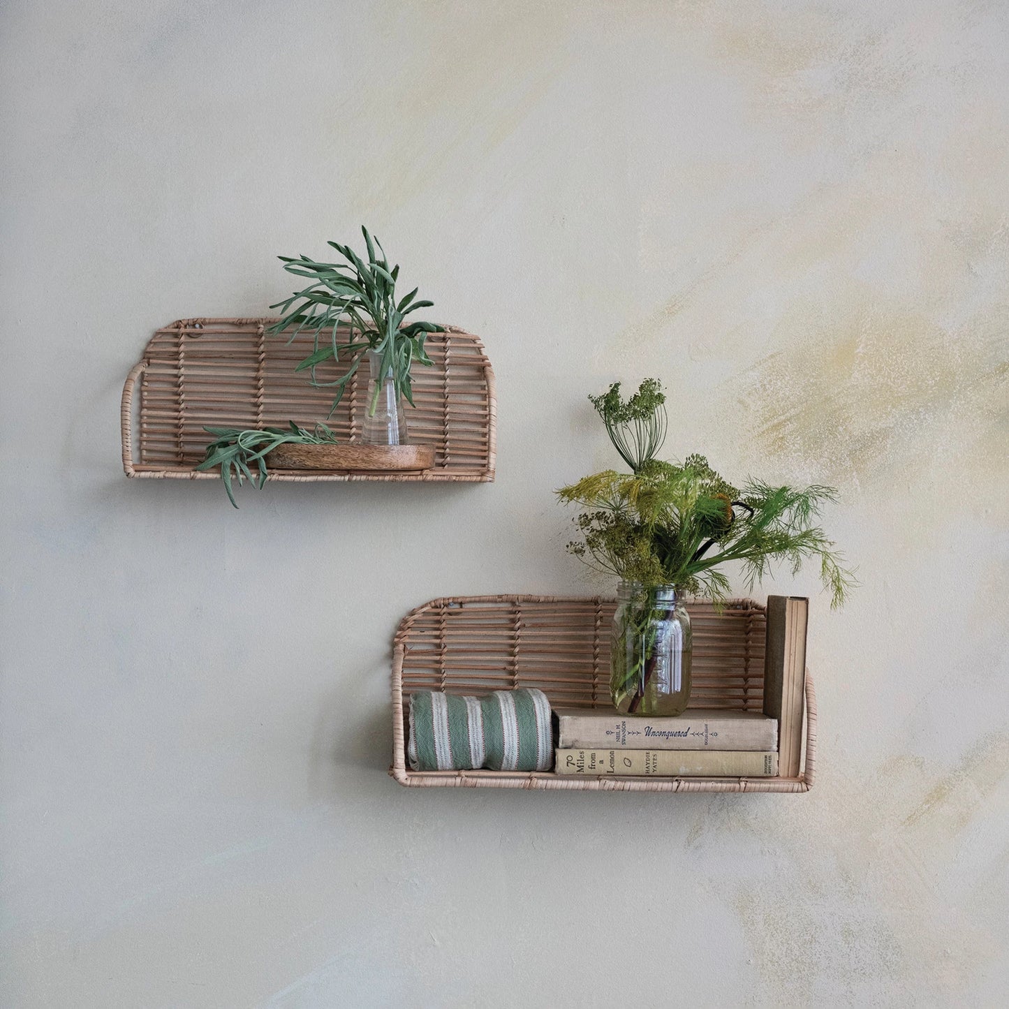 Hand-Woven Rattan & Metal Wall Shelf, Feathered Farmhouse