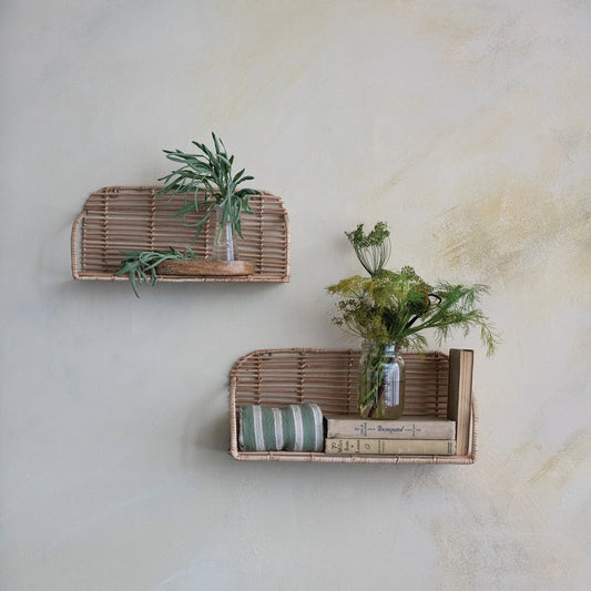 Hand-Woven Rattan & Metal Wall Shelf, Feathered Farmhouse
