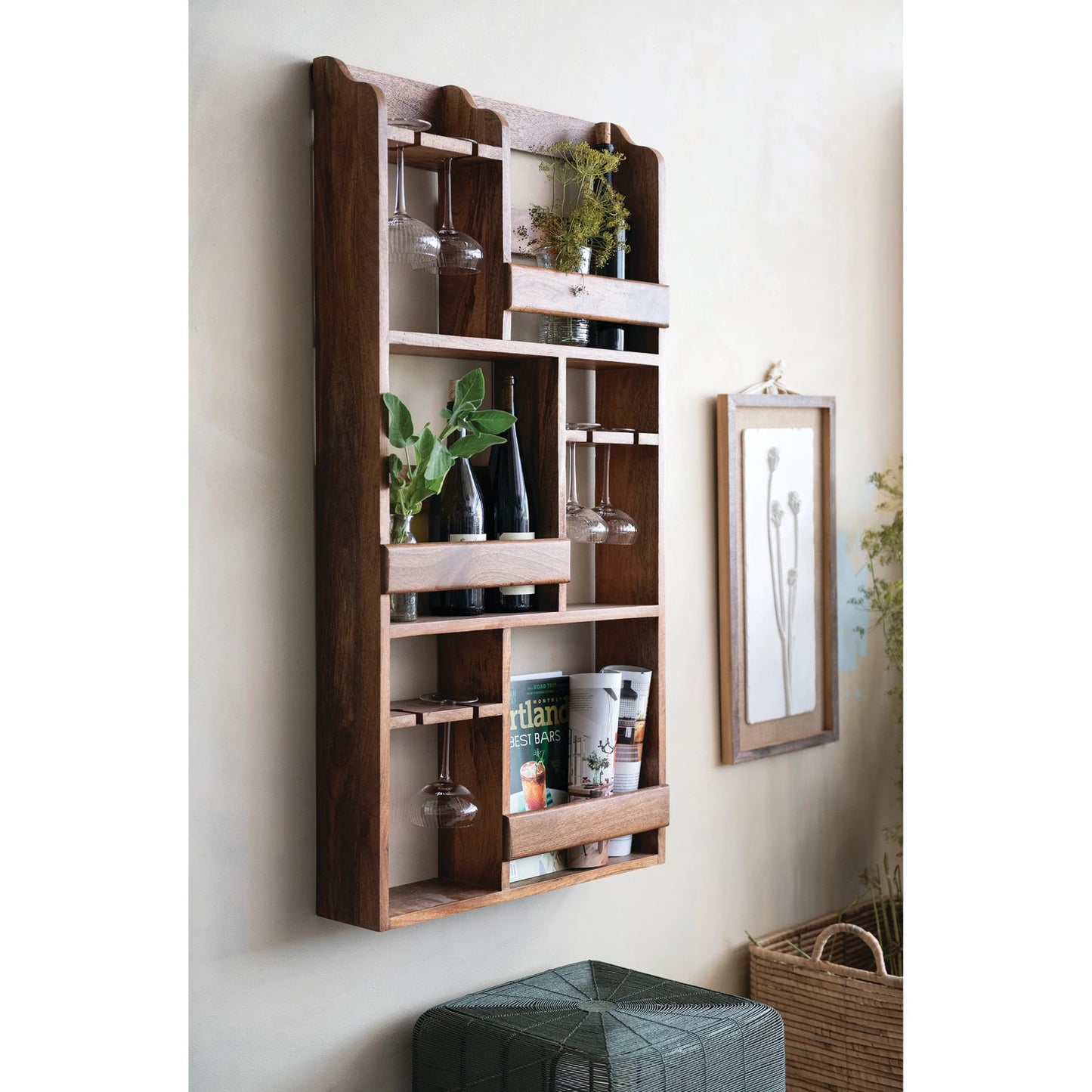 Wall Wine Rack and Shelf, Feathered Farmhouse
