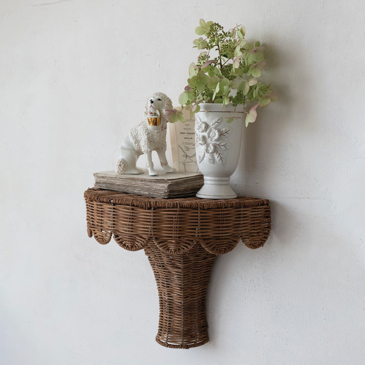 Rattan Scalloped Wall Shelf, Feathered Farmhouse