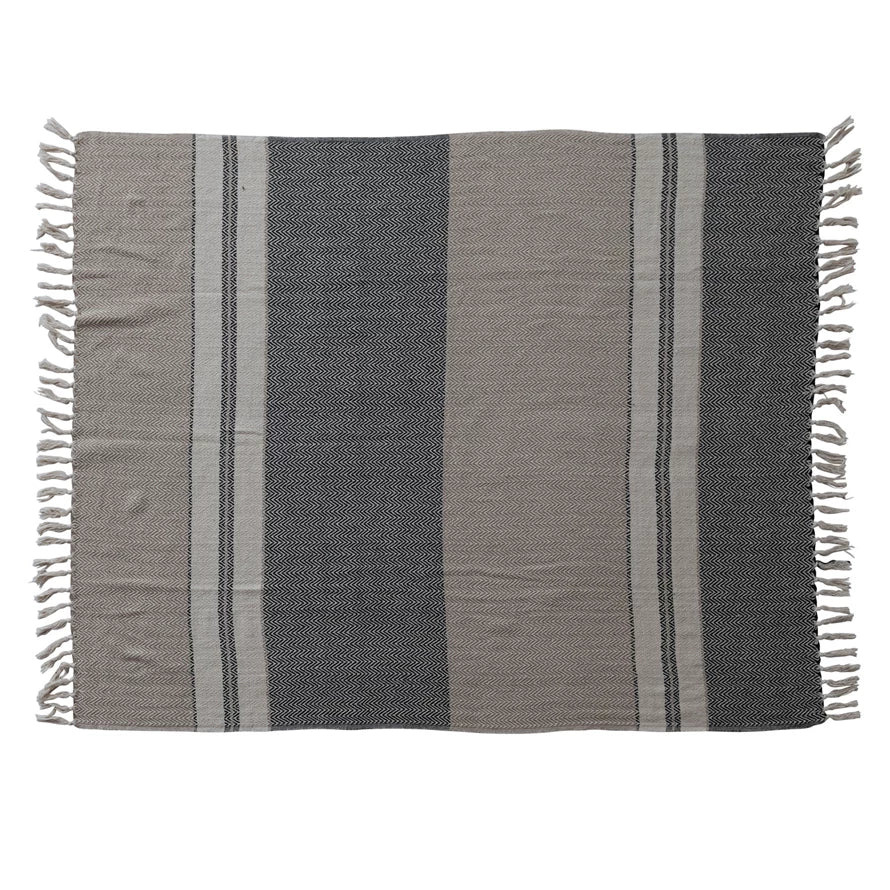 Beige, Grey, & Cream Cotton Striped Throw, Feathered Farmhouse