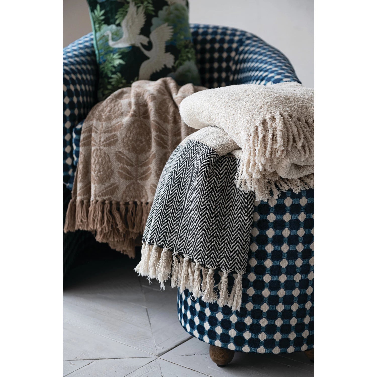 Beige, Grey, & Cream Cotton Striped Throw, Feathered Farmhouse
