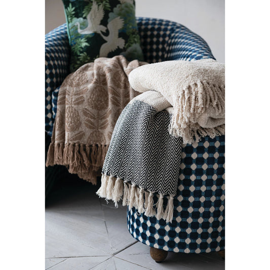 Beige, Grey, & Cream Cotton Striped Throw, Feathered Farmhouse