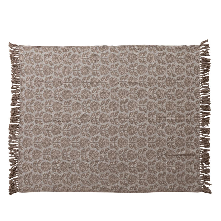 Jacquard Throw with Floral Pattern & Fringe, Feathered Farmhouse