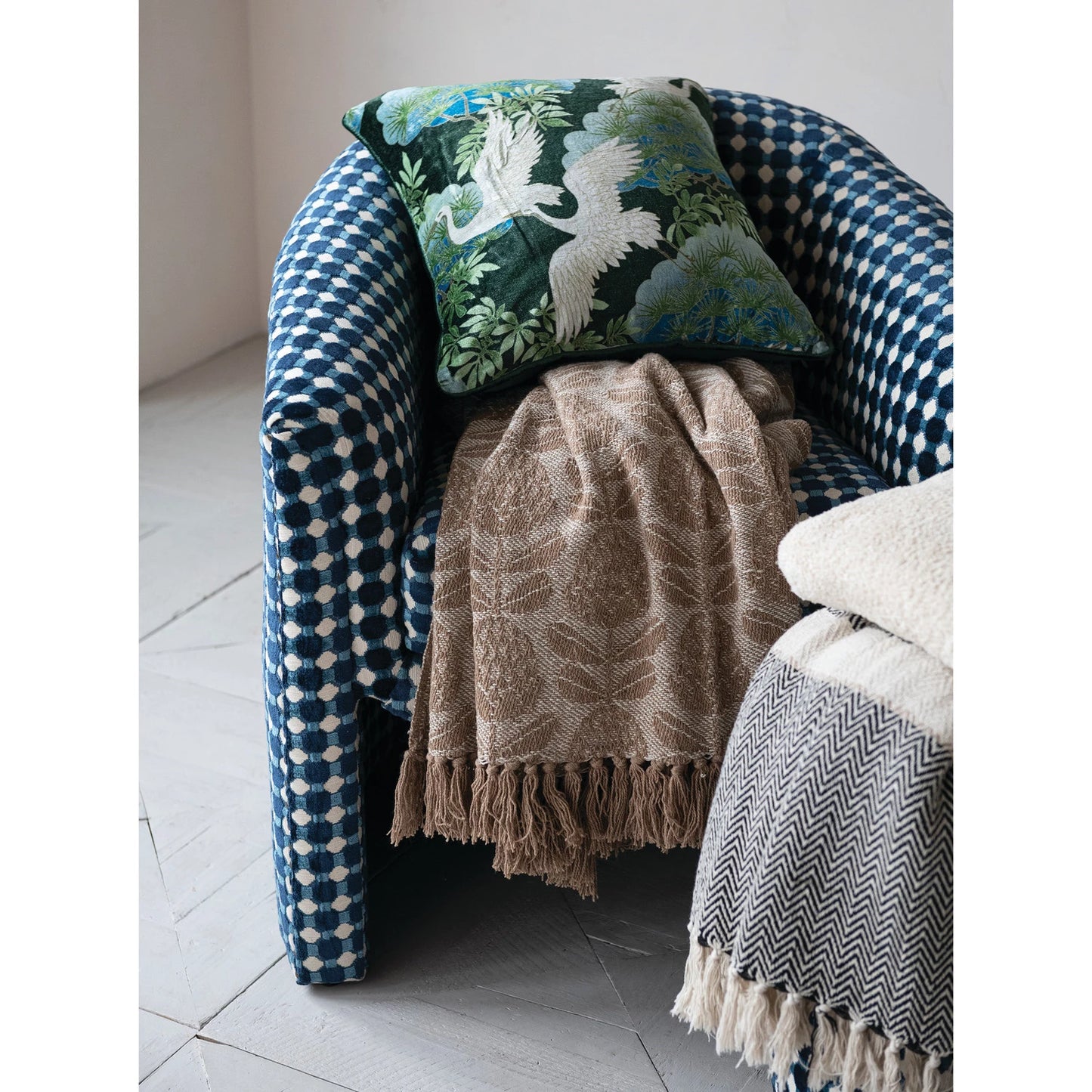 Jacquard Throw with Floral Pattern & Fringe, Feathered Farmhouse