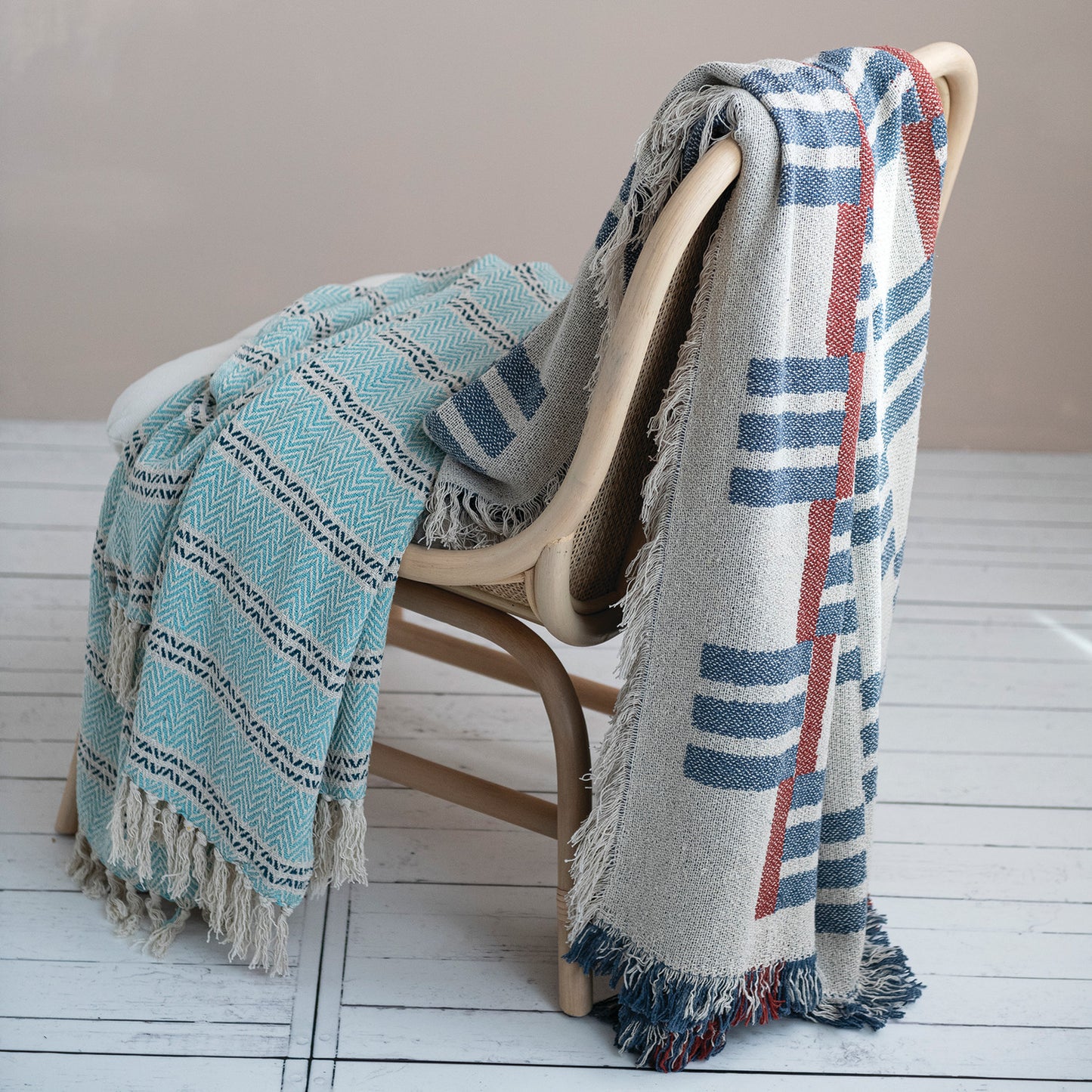 Cotton Blend Jacquard Throw with Stripes/Block Pattern, Feathered Farmhouse