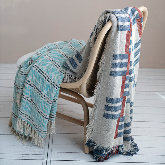 Cotton Blend Jacquard Throw with Stripes/Block Pattern, Feathered Farmhouse