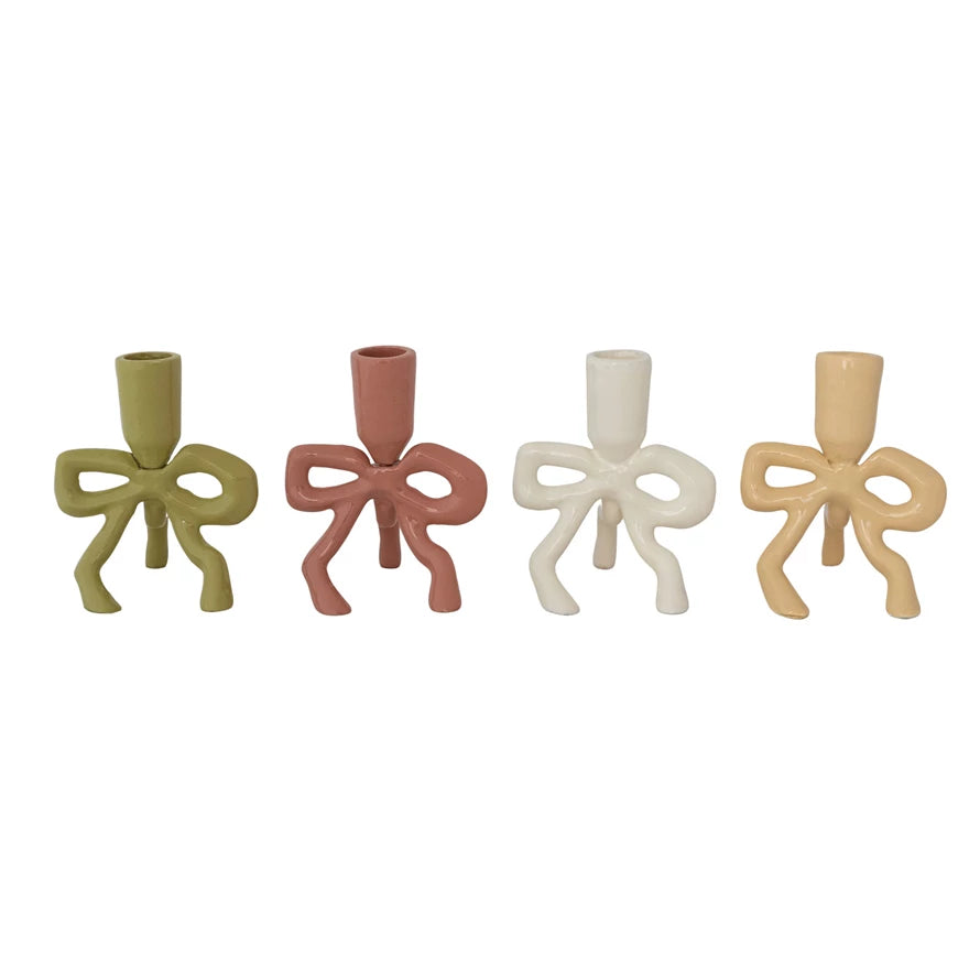 Bow Shaped Enameled Cast Aluminum Taper Holder, Feathered Farmhouse