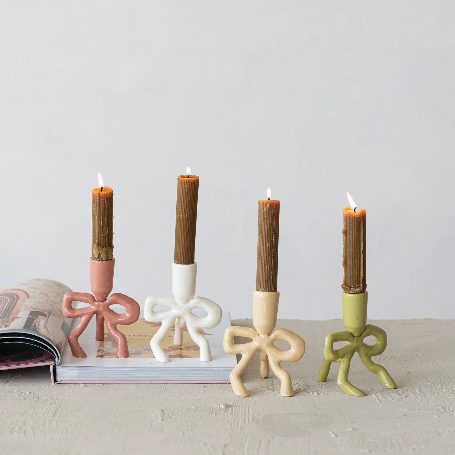 Bow Shaped Enameled Cast Aluminum Taper Holder, Feathered Farmhouse