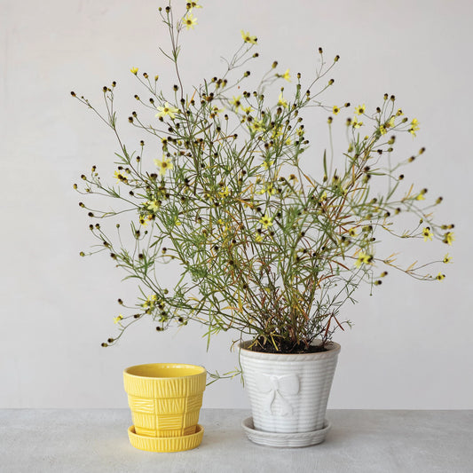 Stoneware Planter with Saucer, Feathered Farmhouse