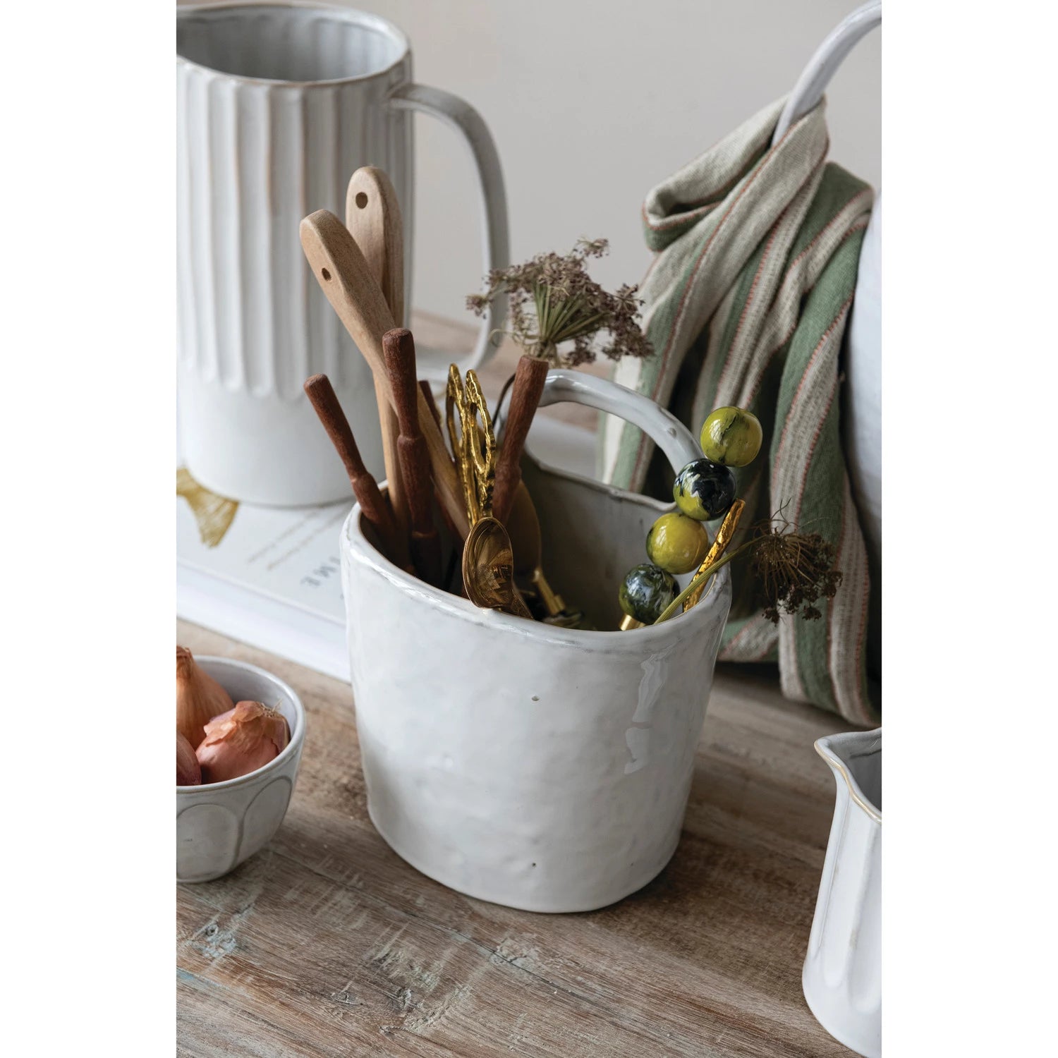 Stoneware Crock with Handle, Feathered Farmhouse