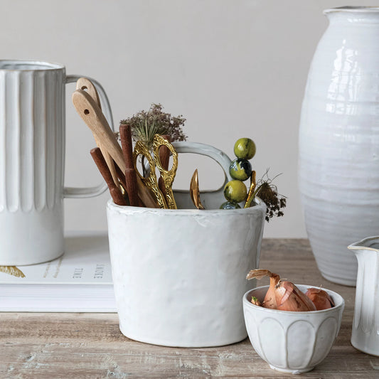 Stoneware Crock with Handle, Feathered Farmhouse