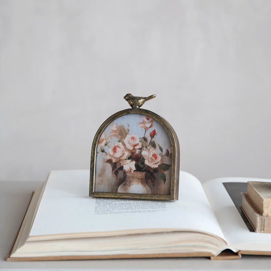 Metal Arched Photo Frame with Bird Finial, Feathered Farmhouse