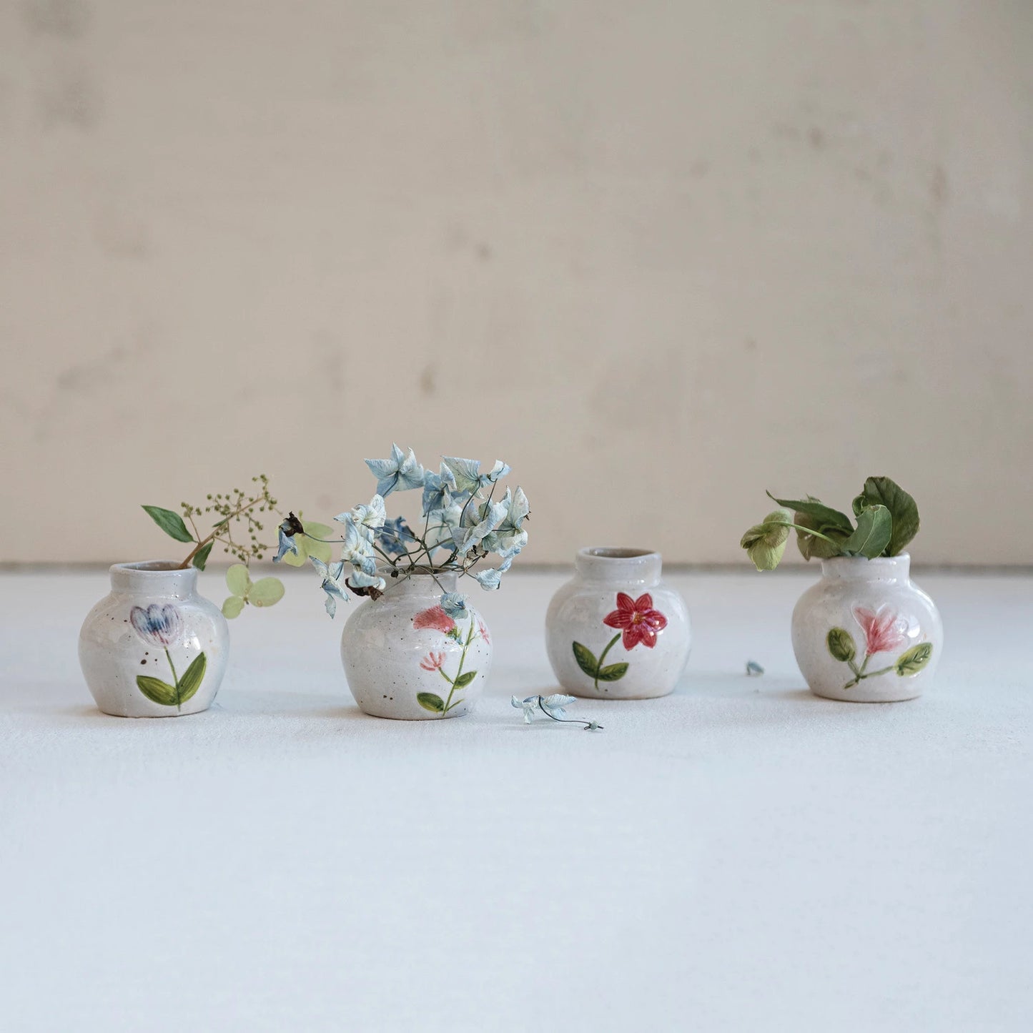 Hand-Painted Stoneware Vase with Flower, Feathered Farmhouse