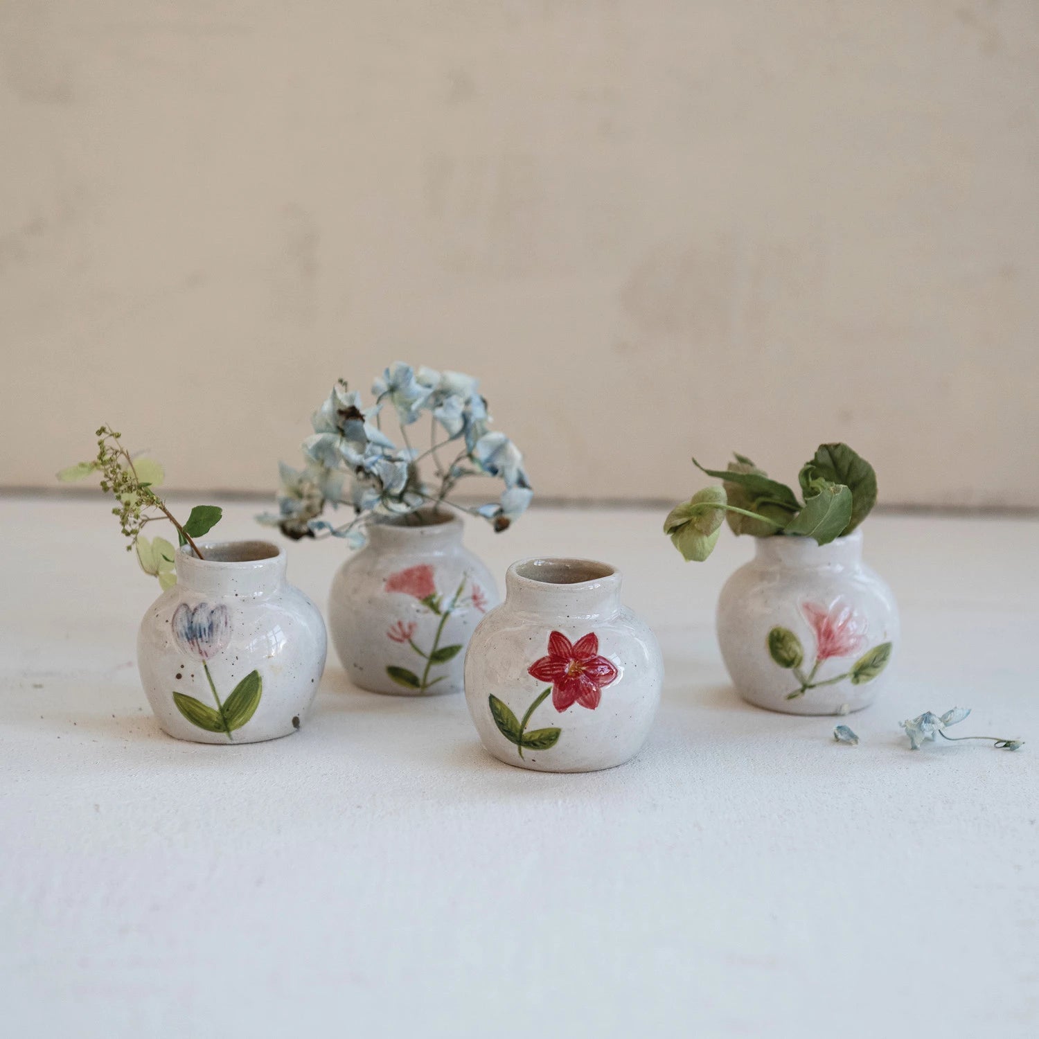 Hand-Painted Stoneware Vase with Flower, Feathered Farmhouse