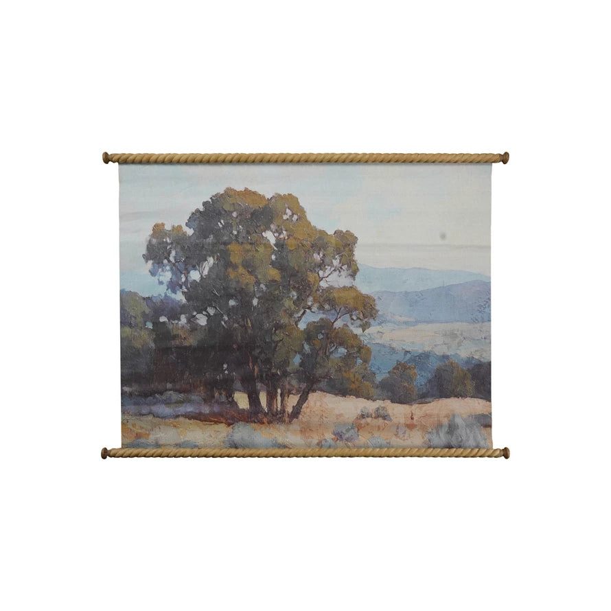 Carved Wood & Canvas Scroll Wall Decor with Landscape, Feathered Farmhouse