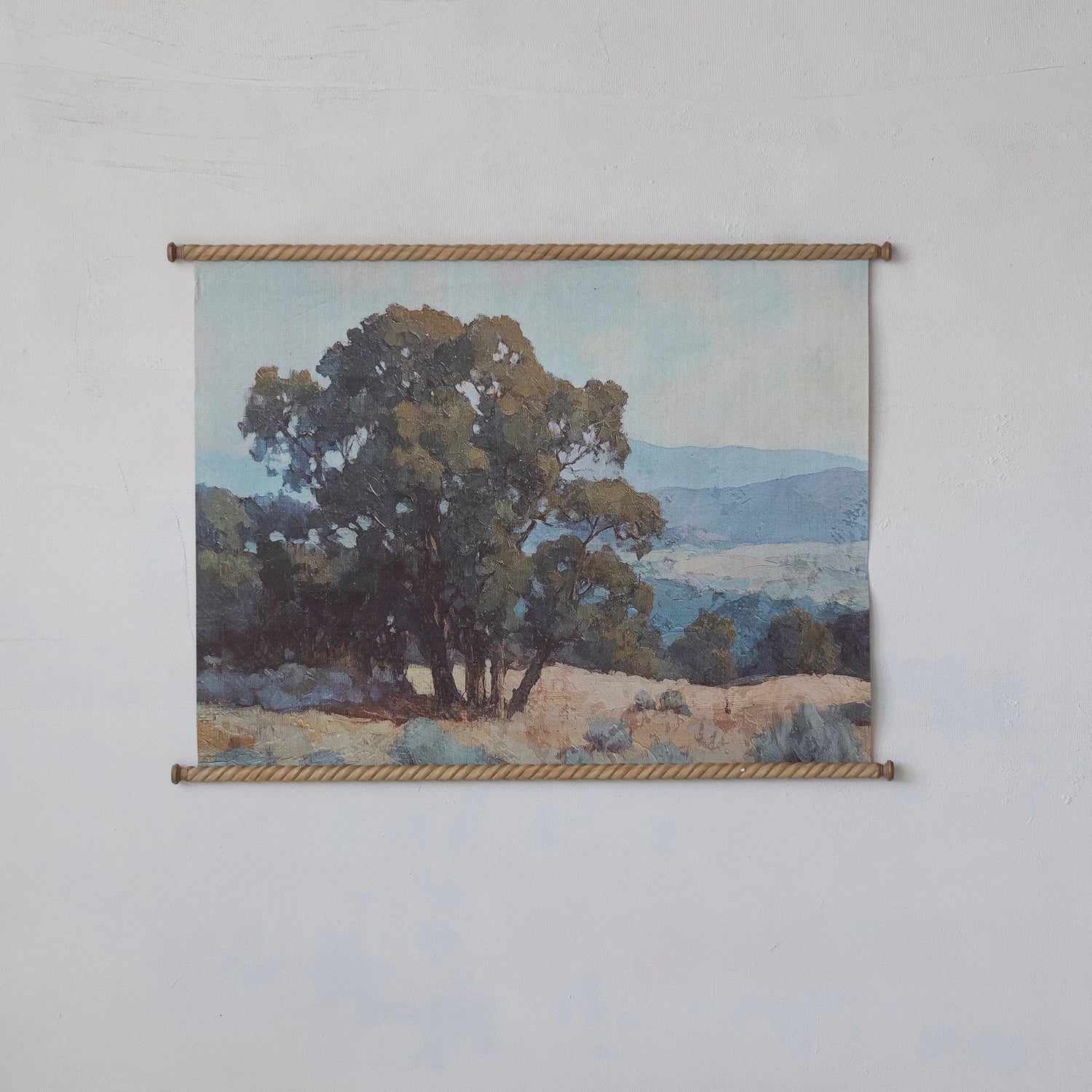 Carved Wood & Canvas Scroll Wall Decor with Landscape, Feathered Farmhouse