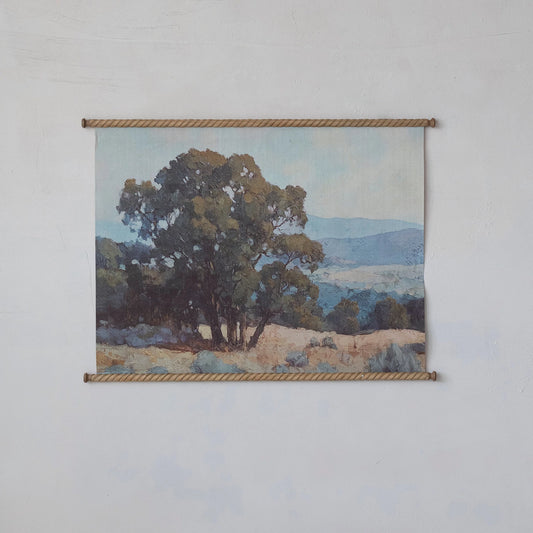 Carved Wood & Canvas Scroll Wall Decor with Landscape, Feathered Farmhouse