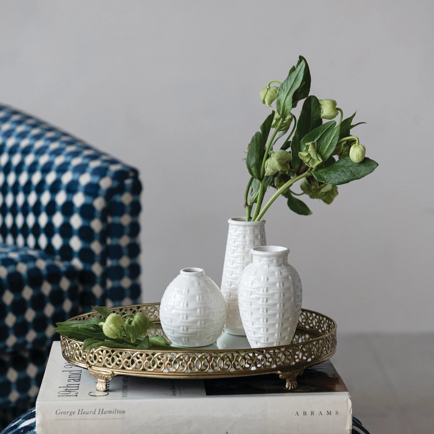 Stoneware Basket Weave Vase, Feathered Farmhouse