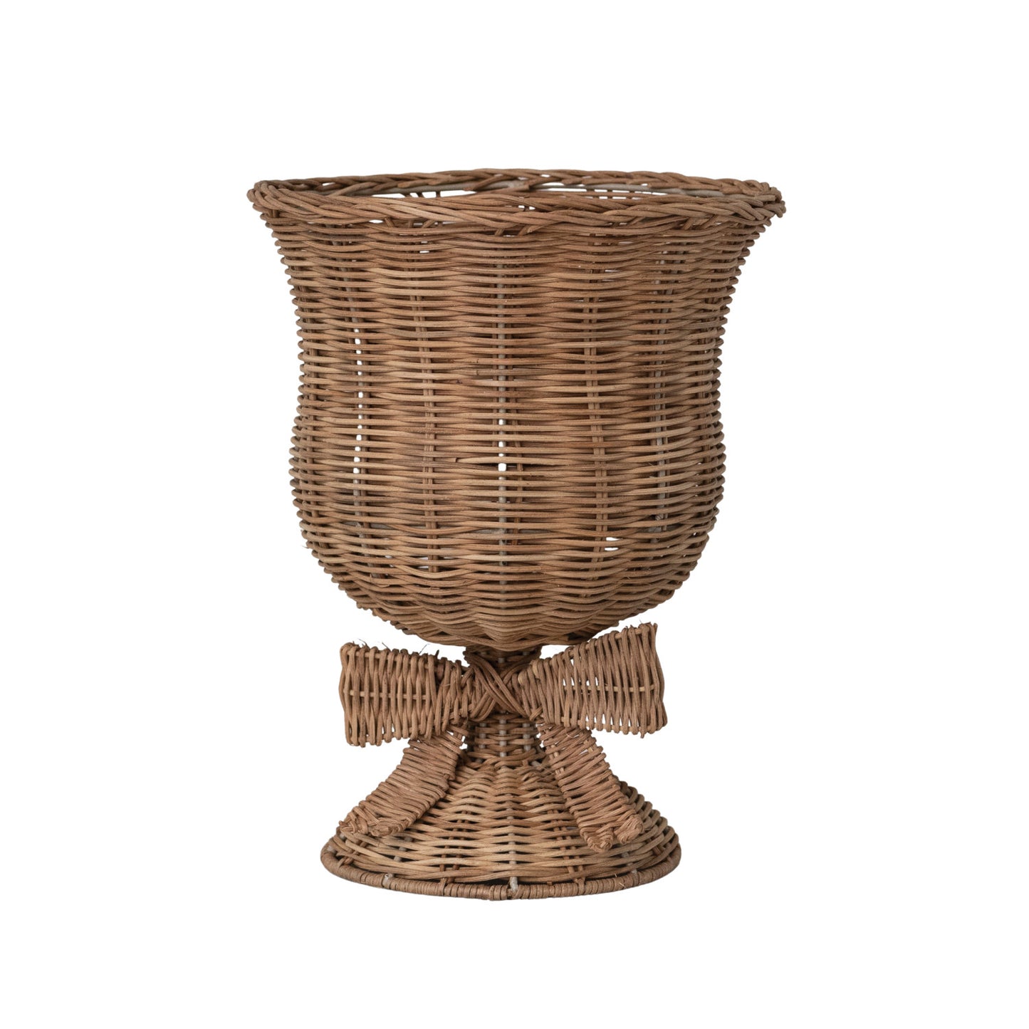 Hand-Woven Rattan Urn with Bow, Feathered Farmhouse