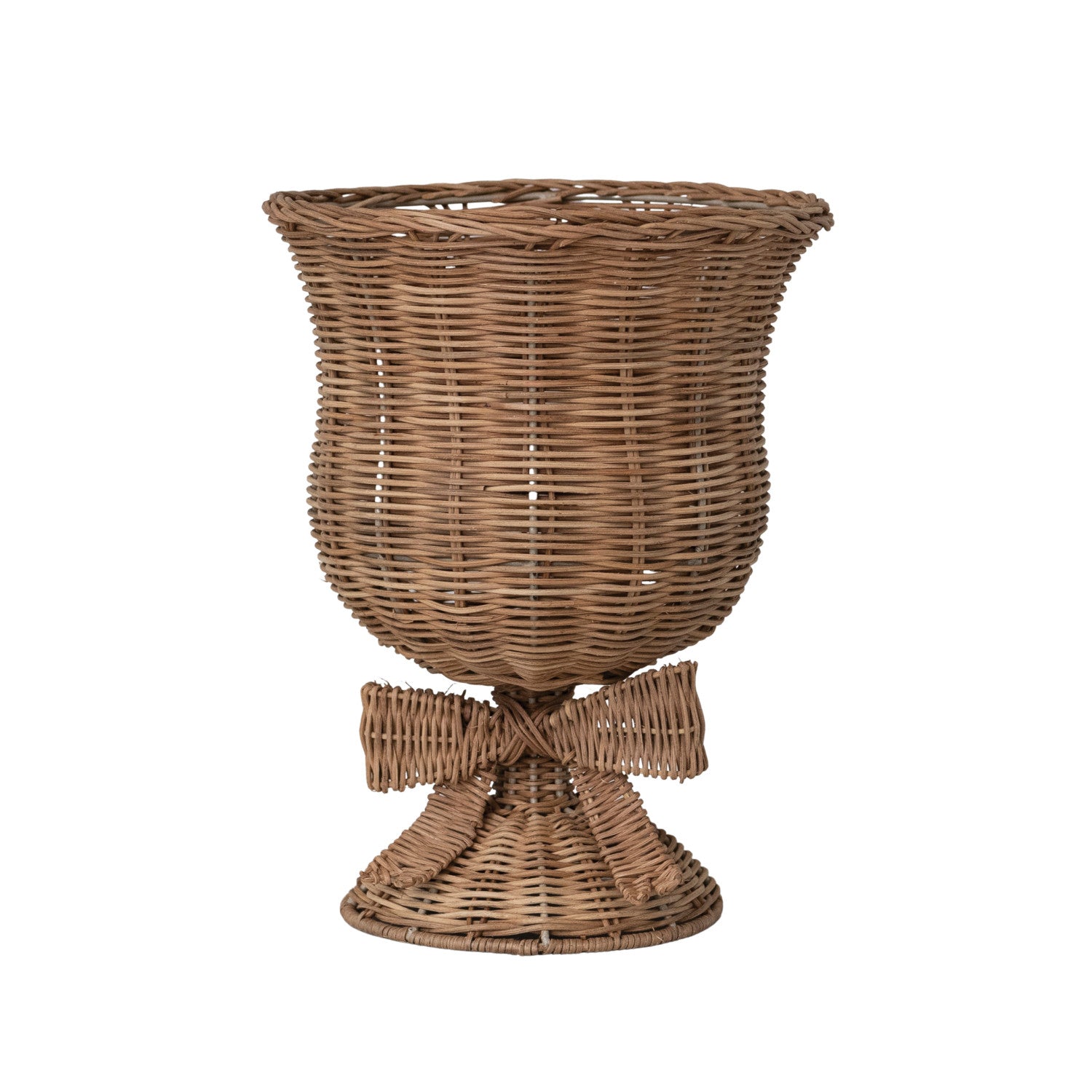 Hand-Woven Rattan Urn with Bow, Feathered Farmhouse