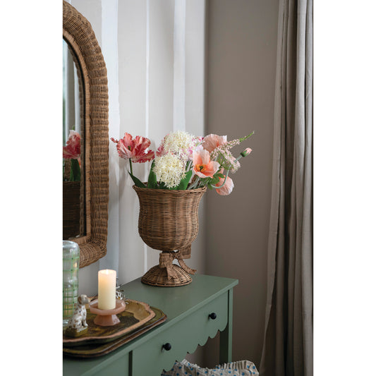 Hand-Woven Rattan Urn with Bow, Feathered Farmhouse