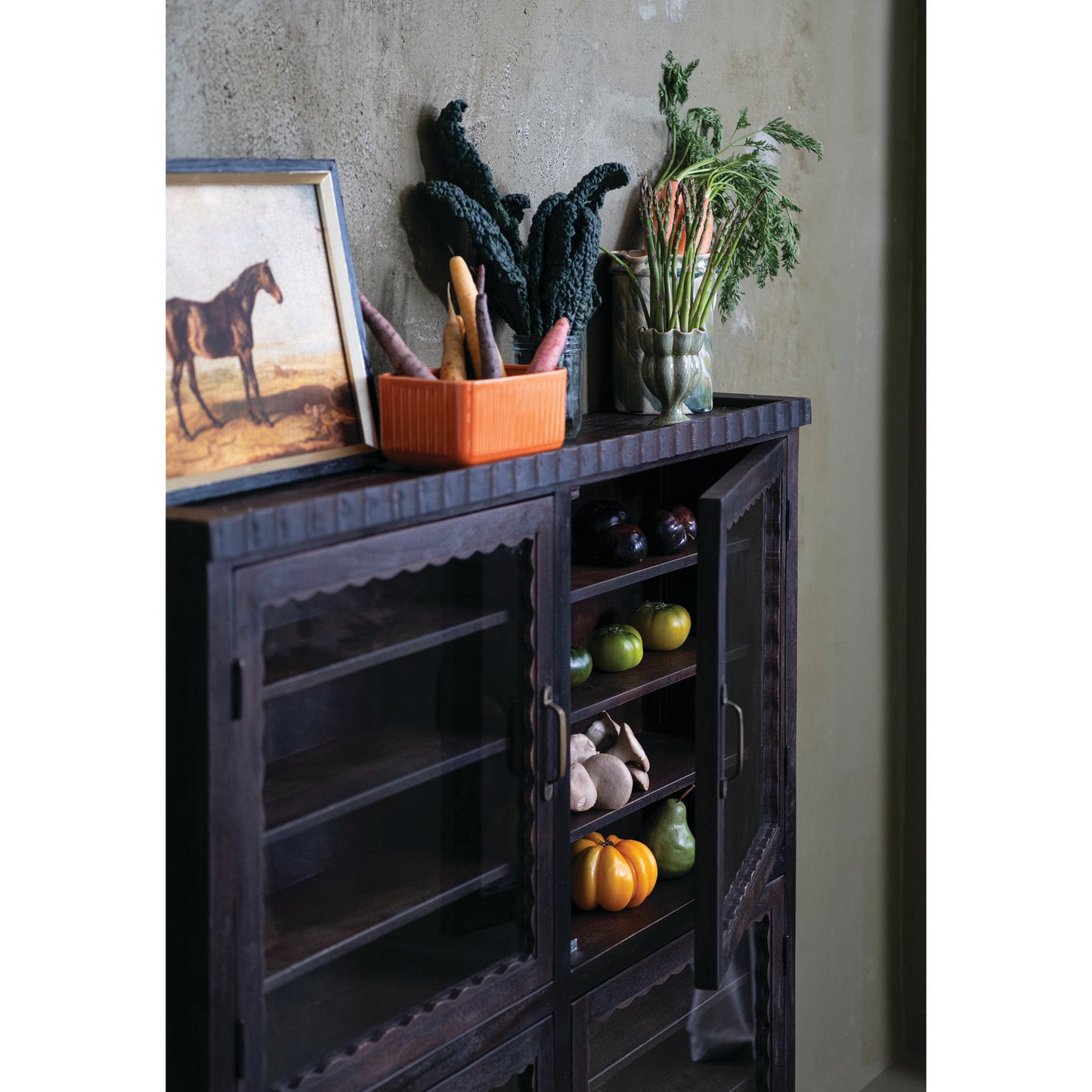 Display Cabinet with 16 Shelves & 4 Glass Doors, Feathered Farmhouse