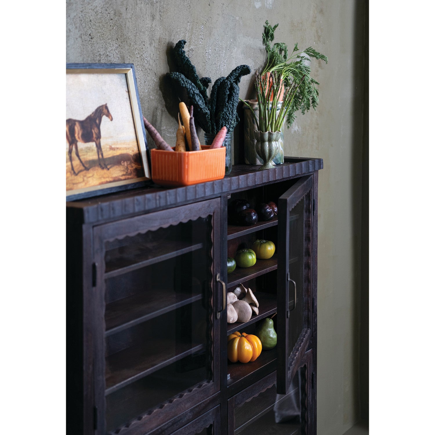 Display Cabinet with 16 Shelves & 4 Glass Doors, Feathered Farmhouse