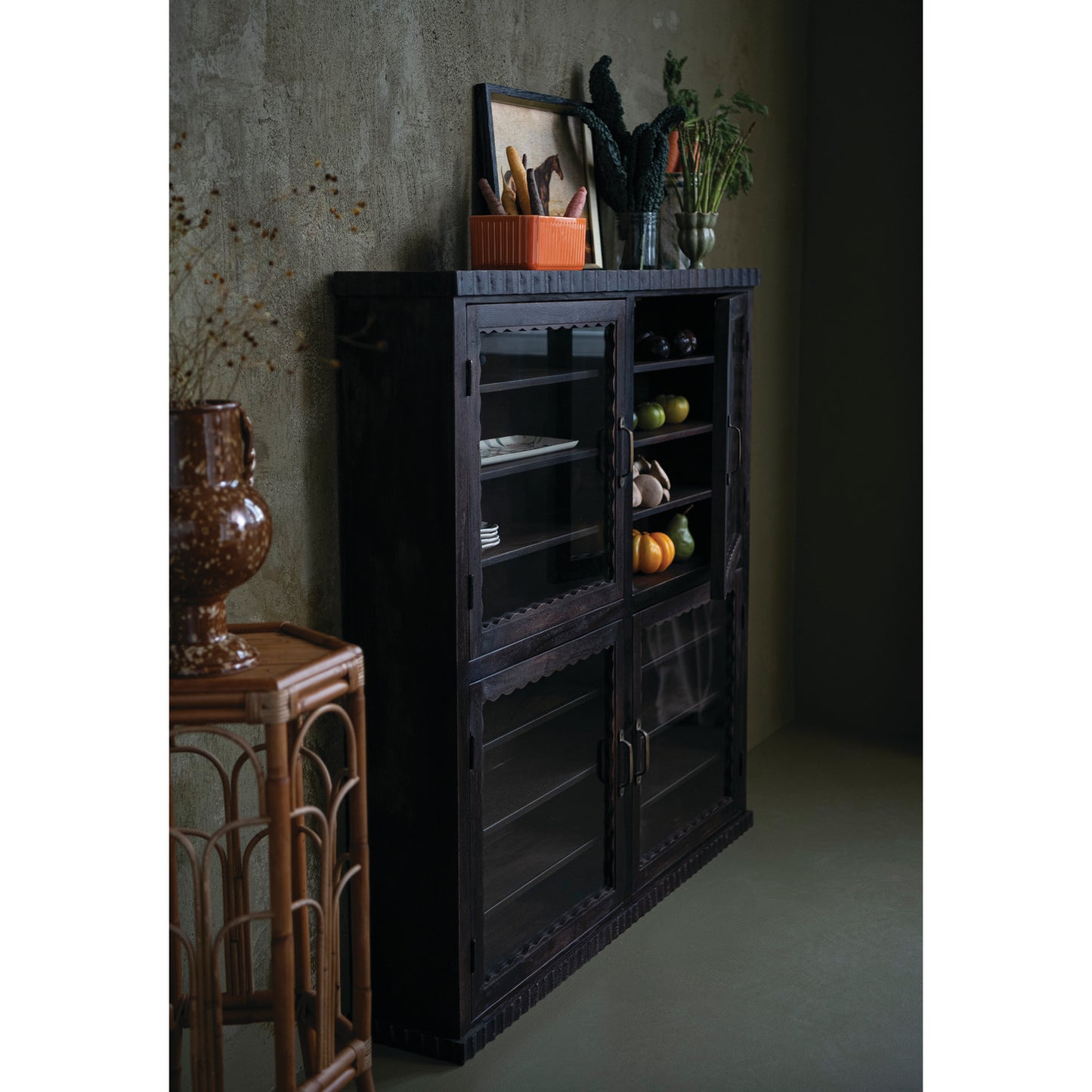 Display Cabinet with 16 Shelves & 4 Glass Doors, Feathered Farmhouse