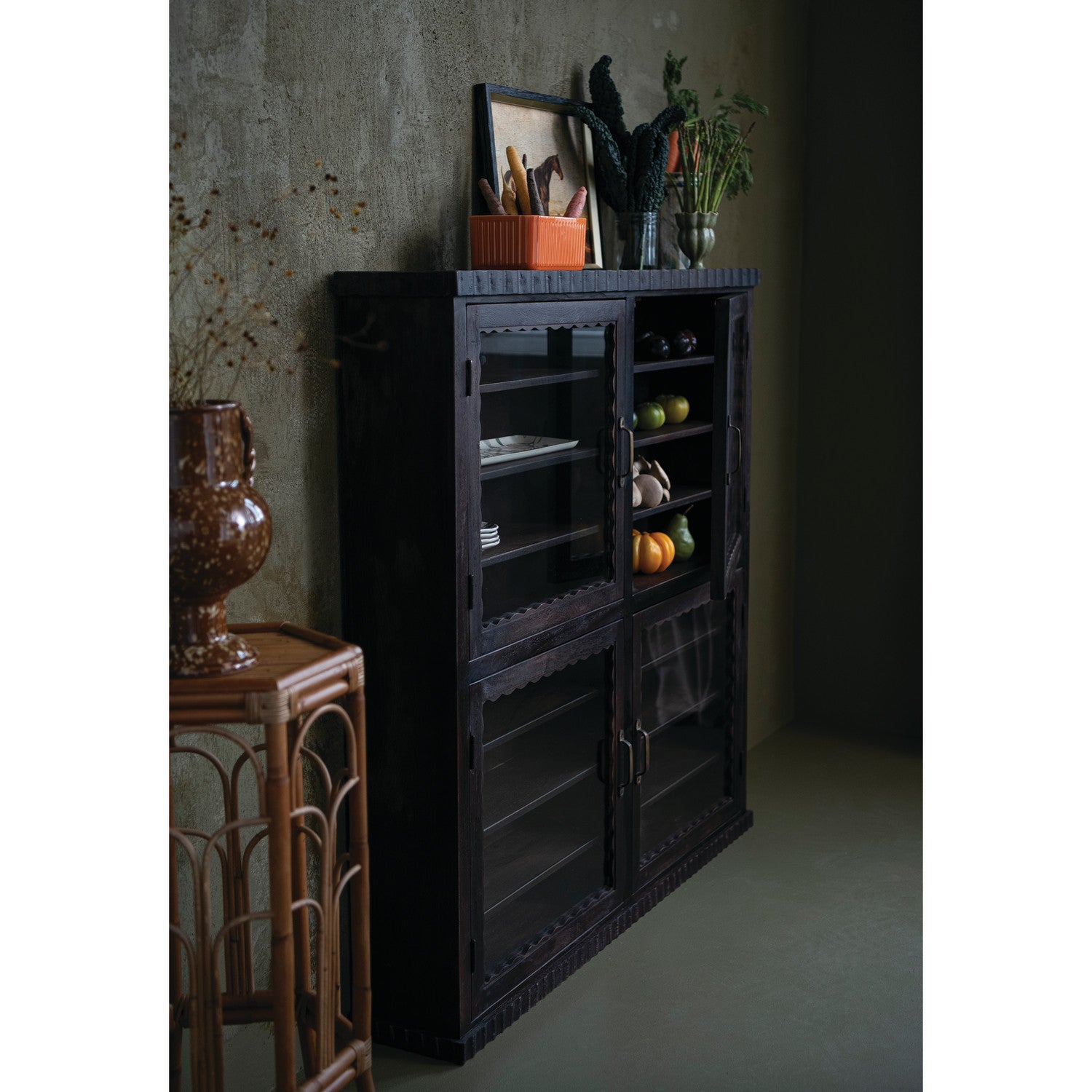 Display Cabinet with 16 Shelves & 4 Glass Doors, Feathered Farmhouse