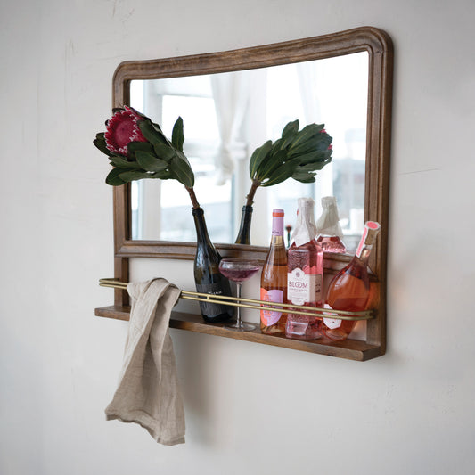 Mango Wood & Metal Wall Mirror with Shelf & Gallery Rail, Feathered Farmhouse